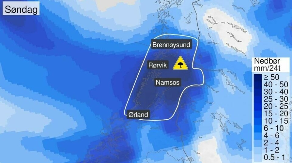 Her ventes det mye regn søndag.