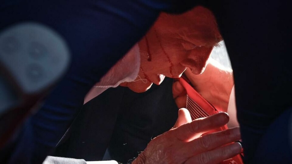 Blodet renner mens Trump ligger under sikkerhetsvaktene sine på scenen. Foto: Anna Moneymaker / Getty Images via AFP Blodet renner mens Trump ligger under sikkerhetsvaktene sine på scenen. Foto: Anna Moneymaker / Getty Images via AFP