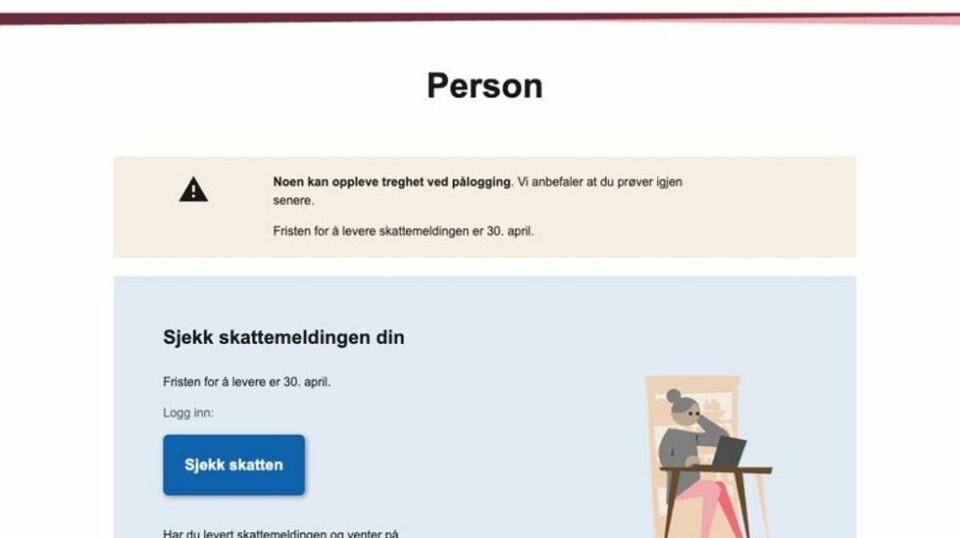 Skjermdump fra Skatteetaten sin hjemmeside. De sliter med ustabile tjenester lørdag formiddag.