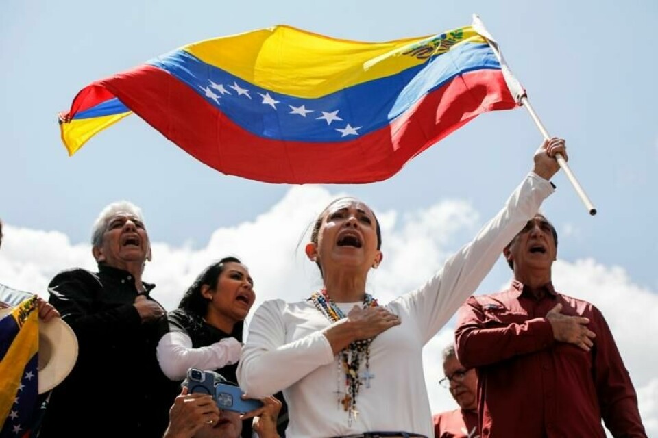 Den venezuelanske opposisjonslederen Maria Corina Machado på et protestmøte mot gjenvalget av president Nicolás Maduro.