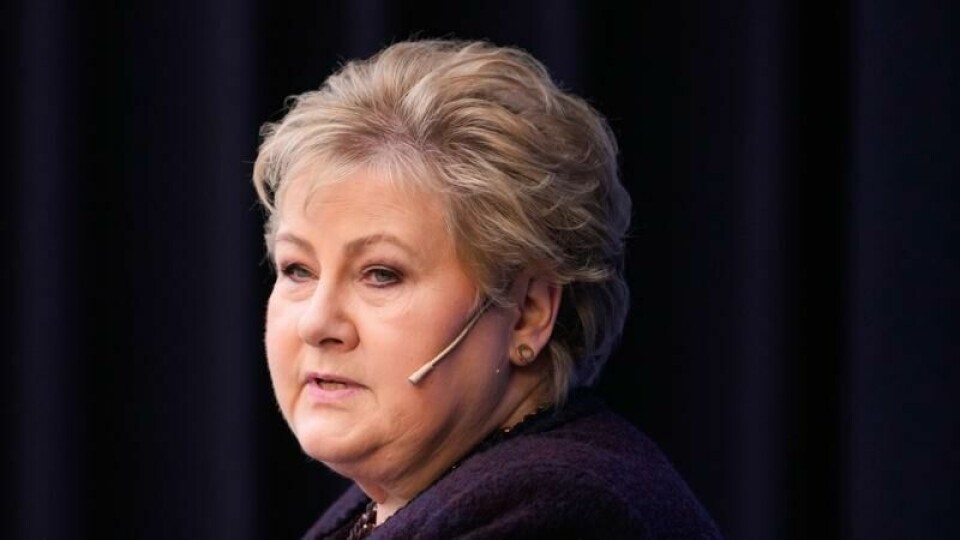 Høyre-leder Erna Solberg taler under Høyres sentralstyremøte på Høyres hus onsdag.