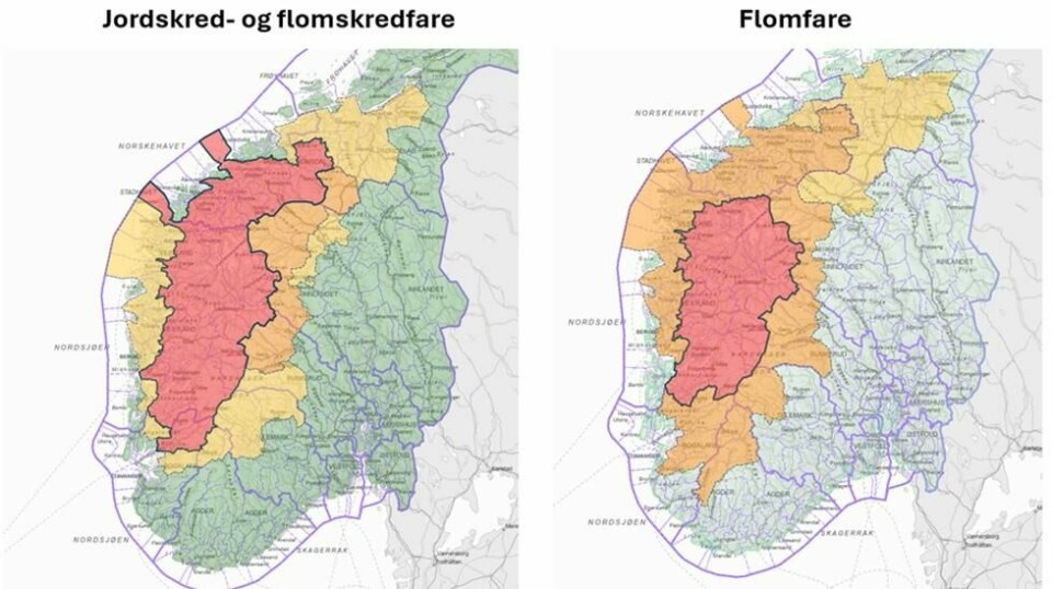 Det er sendt ut rødt farevarsel for jordskred og flom i deler av Sør-Norge. Foto: Skjermdump fra varsom.no / NTB
