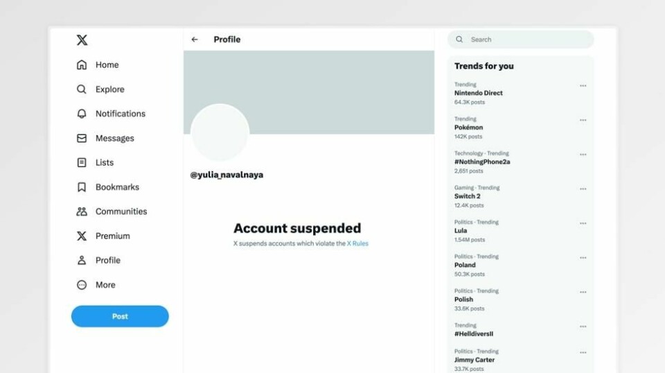 X, tidligere Twitter, hadde tidligere tirsdag sperret kontoen til Navalnyjs kone.
