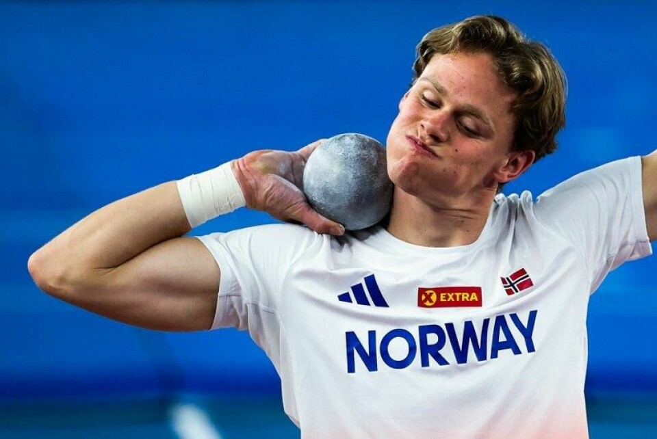 Sander Skotheim i kule under VM innendørs i Nanjing i Kina lørdag.