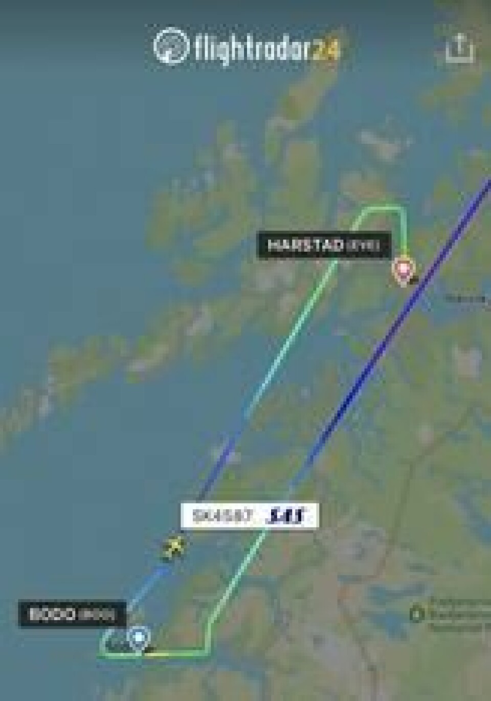 Flyet skulle egentlig lande i Bodø men ble omdirigert til Harstad/Narvik. Flyet skulle egentlig lande i Bodø men ble omdirigert til Harstad/Narvik. Foto: Skjermdump/Flightradar24