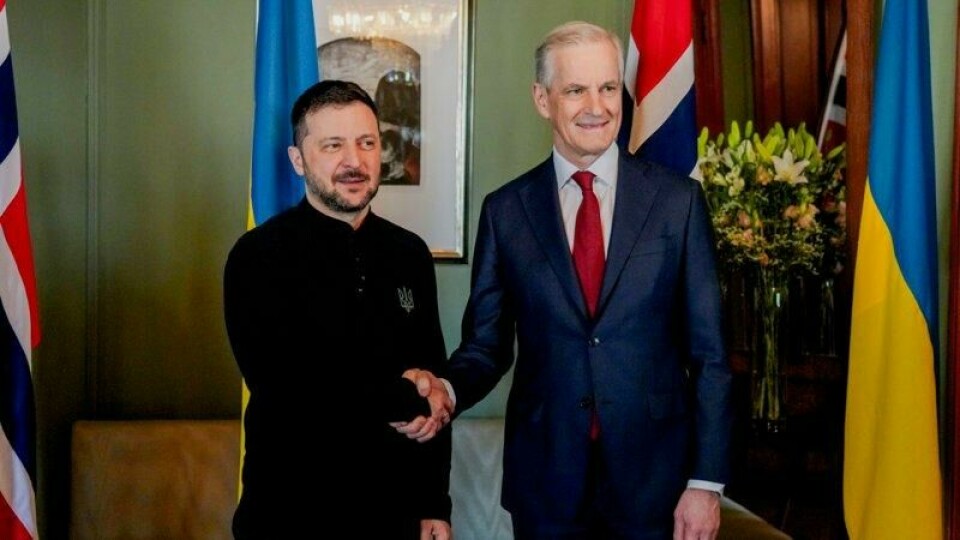 Ukrainas president Volodymyr Zelenskyj i møte med statsminister Jonas Gahr Støre (Ap) i statsministerboligen i Oslo torsdag.