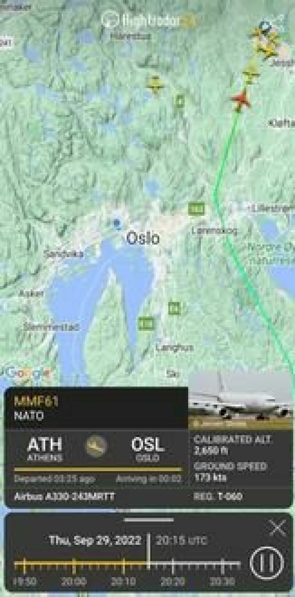 Tidligere samme kveld kunne man se på FlightRadar24 at et Nato-fly fra Athen landet på Gardermoen. Tidligere samme kveld kunne man se på FlightRadar24 at et Nato-fly fra Athen landet på Gardermoen. Foto: Skjermdump / FlightRadar24