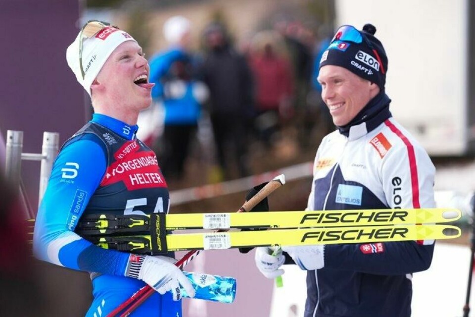 Martin Kirkeberg Mørk og Martin Løwstrøm Nyenget etter tidelsdramaet i NM fredag.