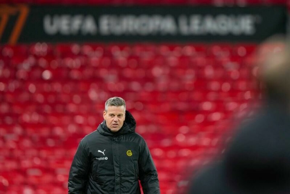 Kjetil Knutsen under en trening med Bodø/Glimt på Old Trafford dagen før kampen mot Manchester United.