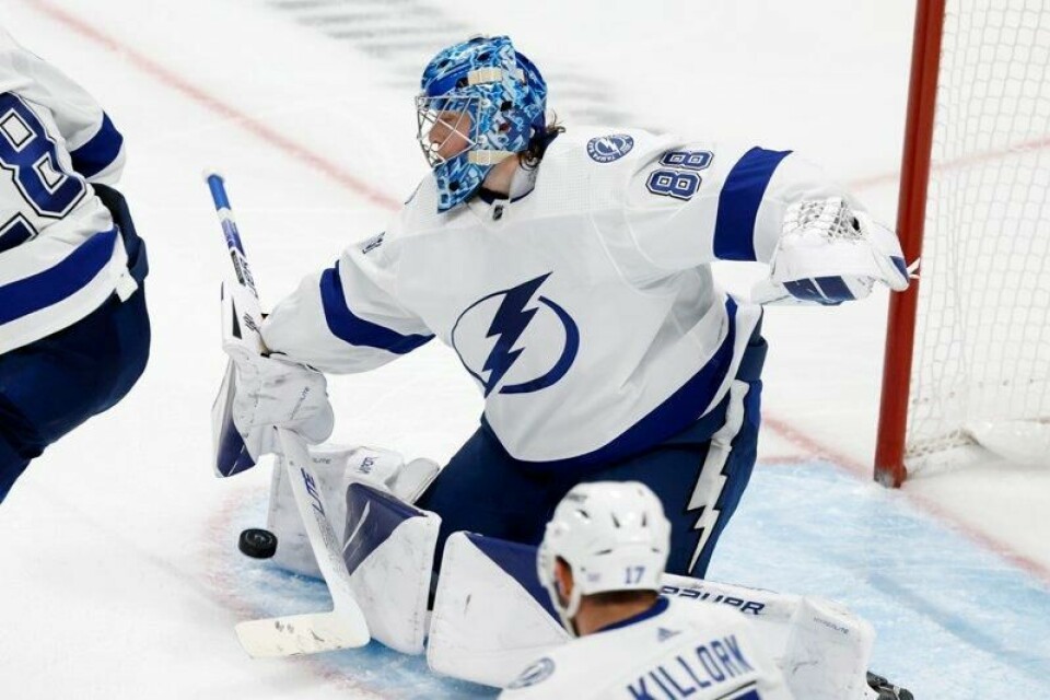 Tampa Bay Lightning-keeper Andrej Vasilevskij hadde en vanskelig dag på jobben lørdag.