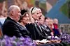 Kong Harald, dronning Sonja, kronprins Haakon og kronprinsesse Mette-Marit i Oslo rådhus under utdelingen av Nobels fredspris for 2023 10. desember. Foto: Javad Parsa / POOL / NTB