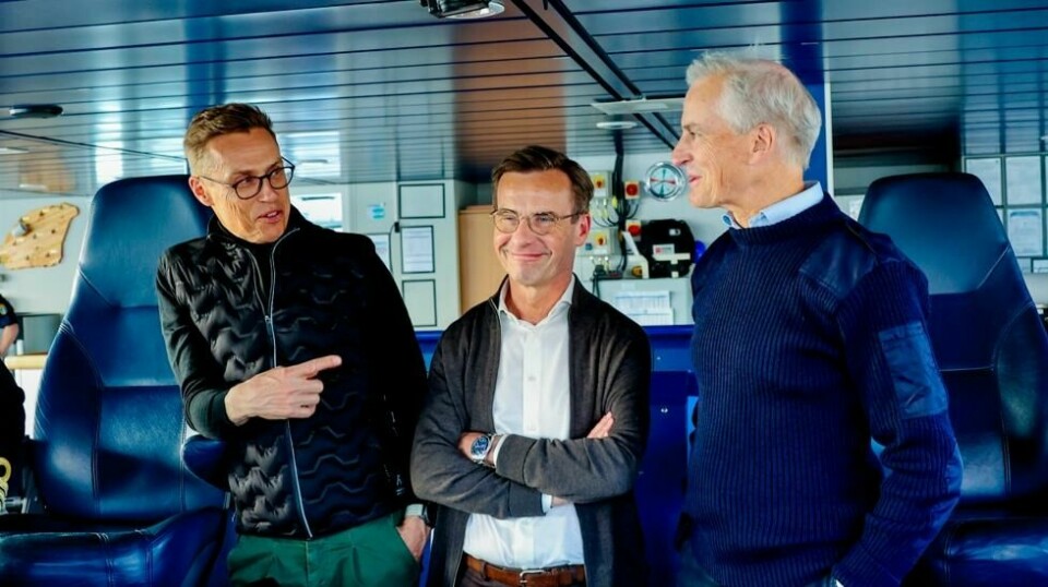 Statsminister Jonas Gahr Støre, Sveriges statsminister Ulf Kristersson og Finlands president Alexander Stubb på kystvaktfartøyet KV Svalbard i Bodø. – Vi trenger en felles forståelse for hvordan vi bevarer fred, sa Støre. Foto: Jan Langhaug / NTB