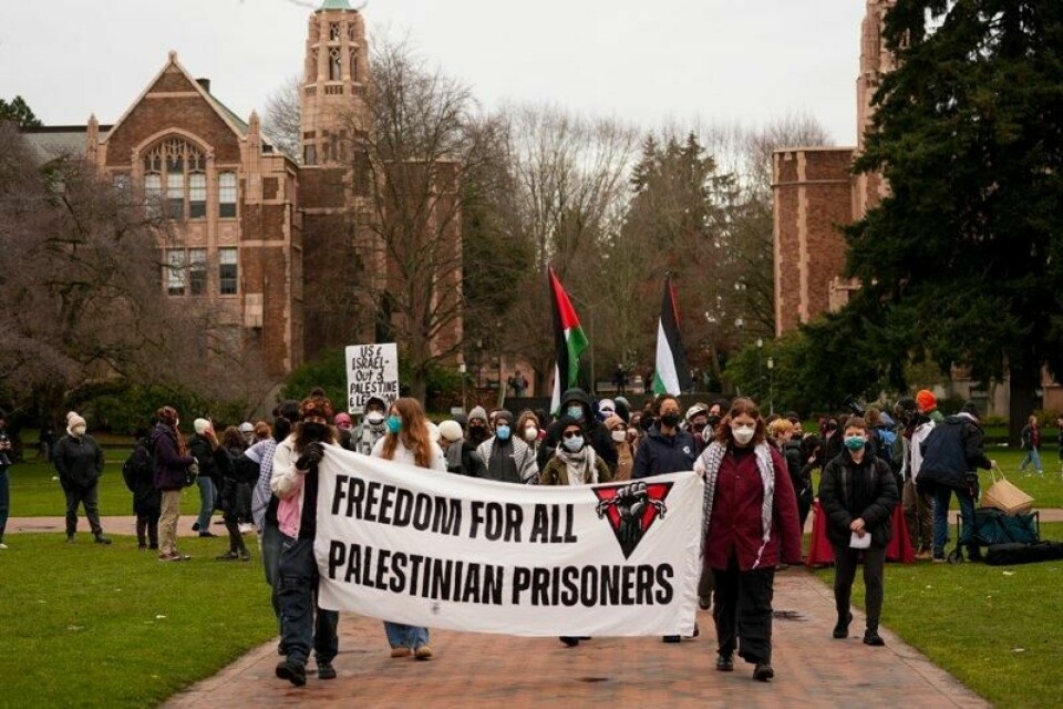 Studenter ved en rekke universiteter i USA har protestert mot Israels krigføring i Gaza, som her University of Washington. President Donald Trump kaller demonstrantene Hamas-sympatisører og antisemitter og truer med å deportere dem som ikke er amerikanske statsborgere.