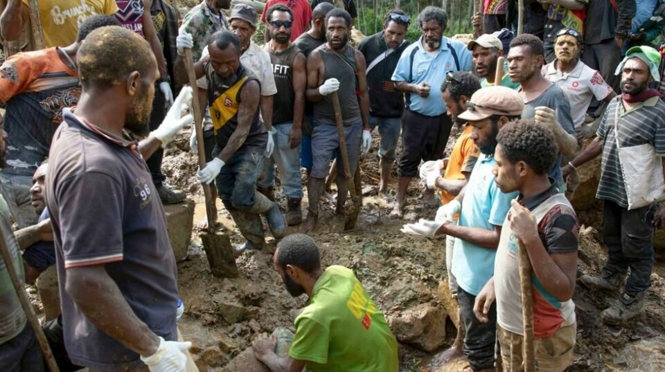 Folk leter etter savnede i skredområdet i Papua Ny-Guinea etter det katastrofale jordskredet i slutten av mai, der mer enn 2000 mennesker antas å ha omkommet. Nå stanses letingen etter de døde av sikkerhetsårsaker. Foto: Juho Valta / UNDP Papua New Guinea via AP / NTB