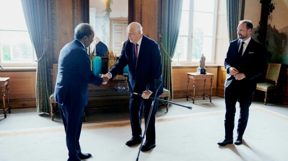 Kong Harald og kronprins Haakon mottar Somalias president Hassan Sheikh Mohamud i audiens på Slottet. Foto: Stian Lysberg Solum / NTB