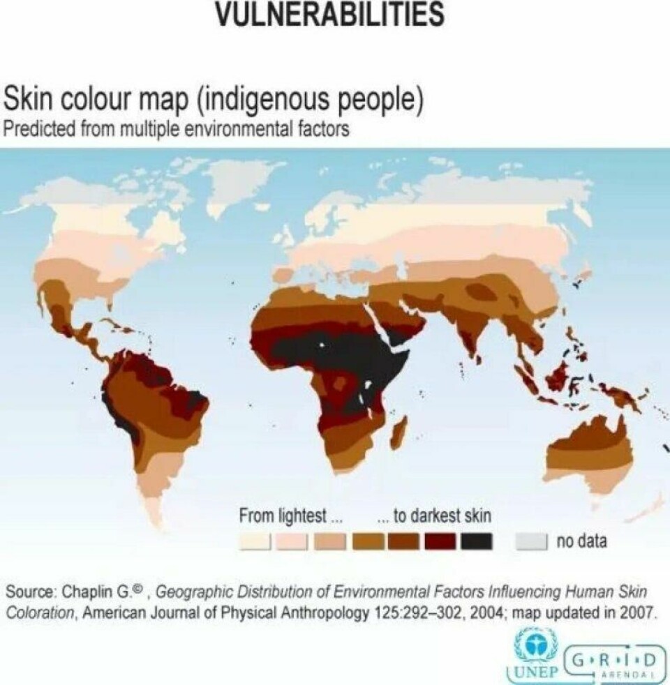 Dette kartet viser sammenhengen mellom nivået av UV-stråling i ulike deler av verden og forekomsten av ulike hudfarger hos urbefolkninger. (Illustrasjon: American Journal of Physical Anthropology, 2004) Dette kartet viser sammenhengen mellom nivået av UV-stråling i ulike deler av verden og forekomsten av ulike hudfarger hos urbefolkninger. (Illustrasjon: American Journal of Physical Anthropology, 2004)