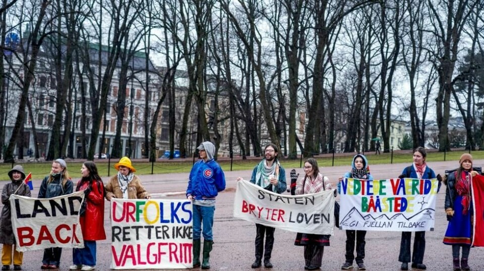 Fosen-aksjonistene demonstrerer utenfor slottet foran regjeringsbilene som kjører til statsråd. Foto: Ole Berg-Rusten / NTB