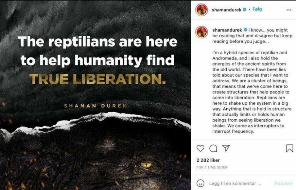 Gjennom dette Instagram-innlegget sto Durek Verrett frem som reptil. Nå hevder han at det hele bare var tull. Foto: Skjermdump fra Durek Verretts Instagram mandag 4. oktober 2021. Gjennom dette Instagram-innlegget sto Durek Verrett frem som reptil. Nå hevder han at det hele bare var tull. Foto: Skjermdump fra Durek Verretts Instagram mandag 4. oktober 2021.