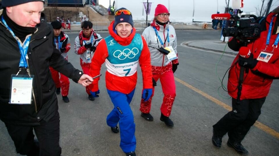 Simen Hegstad Krüger etter 30 km skiatlon i Alpensia Cross-Country Skiing Centre under vinter-OL i Pyeongchang.