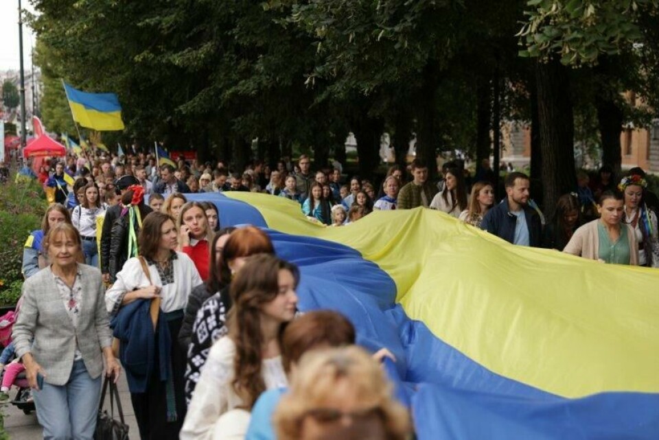 Den ukrainske forening i Norge er skuffet etter telefonsamtalen mellom Donald Trump og Vladimir Putin. Her blir Ukrainas uavhengighetsdag markert i Spikersuppa i Oslo i fjor høst.