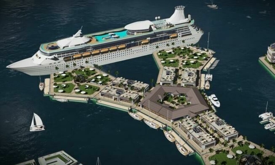 Cruiseskip skal enkelt kunne koble seg til byen og dermed sørge for ekstra inntekter. Foto: Gabriel Scheare, Luke & Lourdes Crowley, and Patrick White/ Roark 3D/ The Seasteading Institute Cruiseskip skal enkelt kunne koble seg til byen og dermed sørge for ekstra inntekter. Foto: Gabriel Scheare, Luke & Lourdes Crowley, and Patrick White/ Roark 3D/ The Seasteading Institute