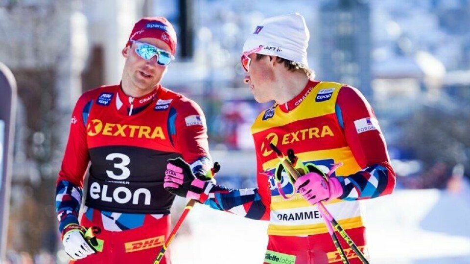 Even Northug og Johannes Høsflot Klæbo under verdenscupsprinten i Drammen i mars i 2023.