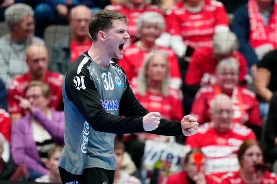 Torbjørn Bergerud jubler etter en redning i mesterligakampen mot Aalborg.