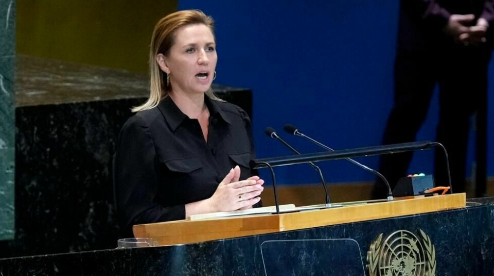 Danmarks statsminister Mette Frederiksen holder tale i FNs hovedforsamling i New York mandag 23. september. Foto: Richard Drew / AP / NTB