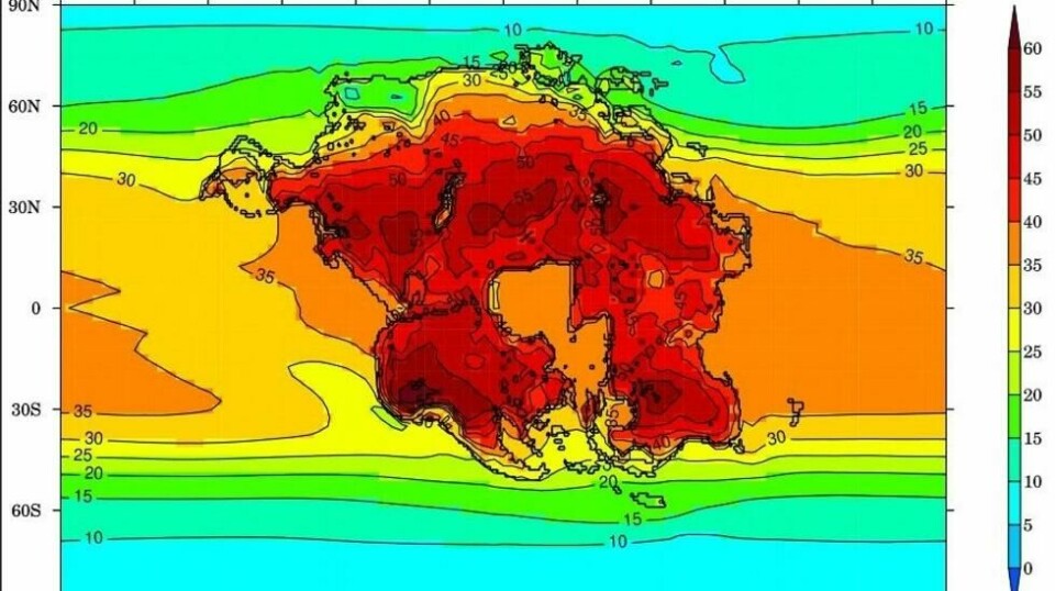 Bildet viser gjennomsnittstemperaturen for de varmeste månedene på jorden om 250 millioner år.