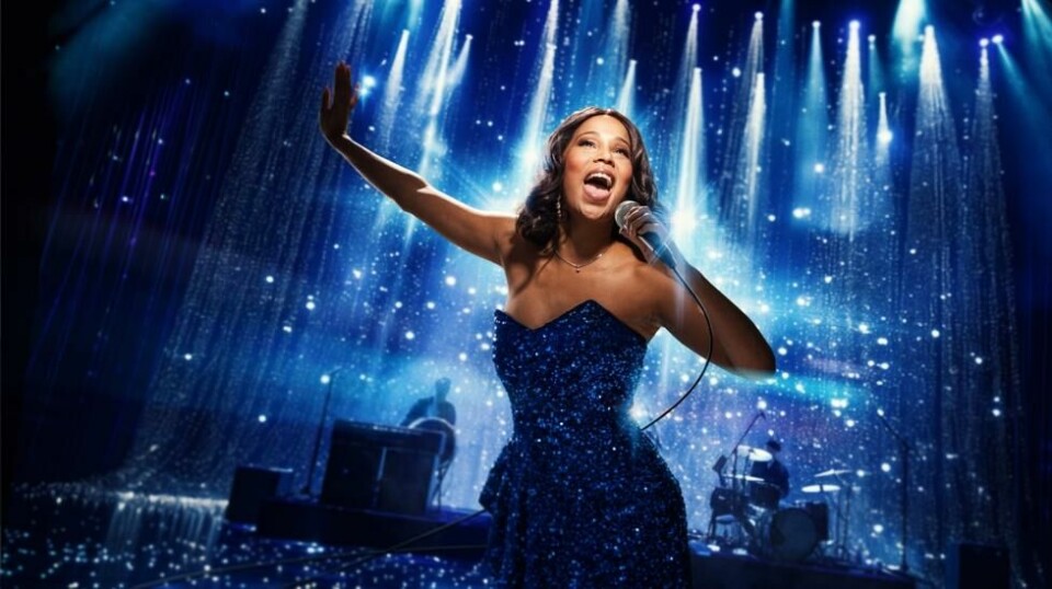 Mimmi Tamba slik hun fremstår på plakaten for musikalen «The Bodyguard», der hun spiller Rachel Marron, spilt i 1992-filmen av Whitney Houston. Foto: Taran/ Handout / NTB