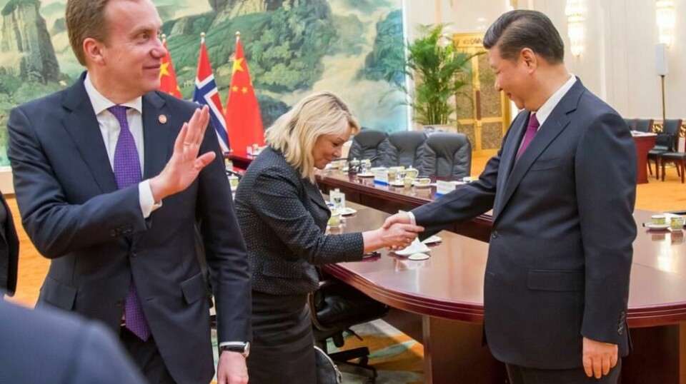 FARVEL? Lar Høyres utenriksminister Børge Brende Høyres næringsminister Monica Mæland erstatte menneskerettigheter med næringsinteresser i «hjertet av norsk utenrikspolitikk» i møtet med Kinas president Xi Jinping 10. april?