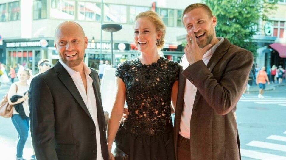 Ingrid Bolsø Berdal, Aksel Hennie og Tobias Santelmann under førpremiere på den amerikanske actionfilmen «Hercules» på Klingenberg kino i 2014. Samtlige spilte sentrale roller i filmen som hadde Dwayne Johnson i hovedrollen. Foto: Berit Roald / NTB scanpix