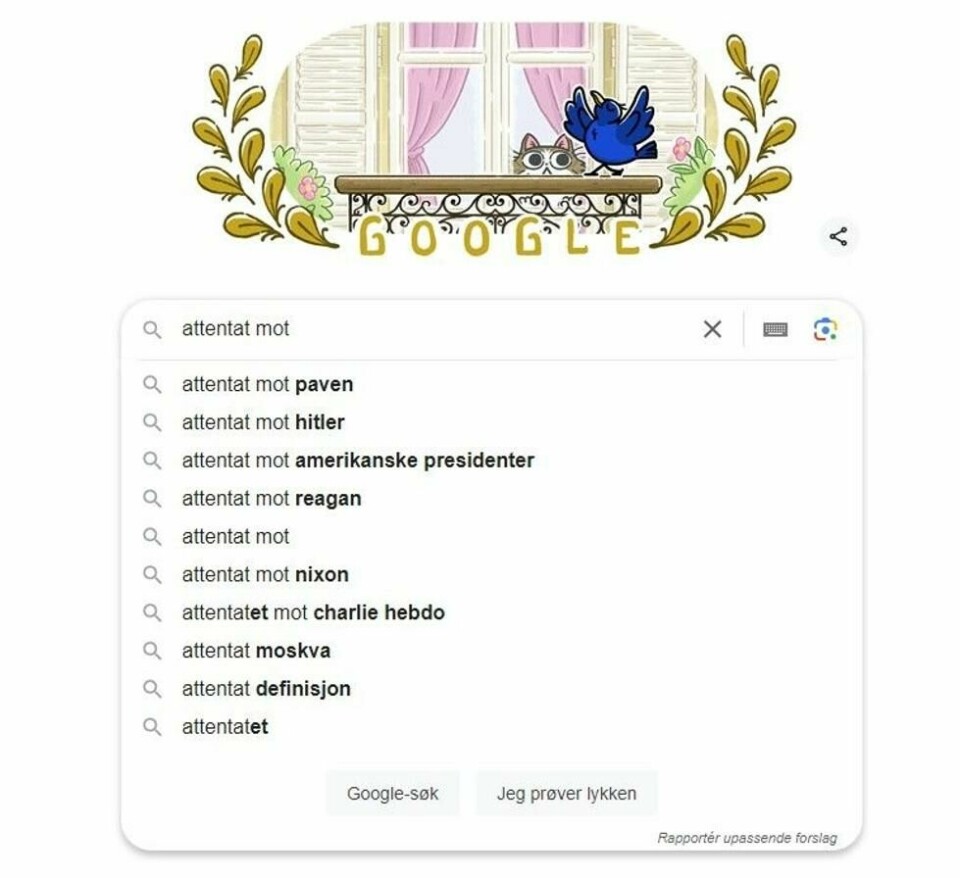Dette kommer opp når du søker «attentat mot ...» på Google. Dette kommer opp når du søker «attentat mot ...» på Google. Foto: Skjermdump