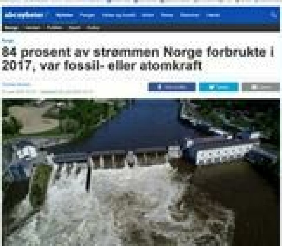 SELVANGIVELSE: ABC Nyheter omtalte i går NVEs oversikt over strømforbruket i Norge i 2017. Bare 16 prosent var fornybar, etter at kraftselskapene hadde solgt resten som opprinnelsesgarantier til utlandet. SELVANGIVELSE: ABC Nyheter omtalte i går NVEs oversikt over strømforbruket i Norge i 2017. Bare 16 prosent var fornybar, etter at kraftselskapene hadde solgt resten som opprinnelsesgarantier til utlandet. Foto: ABC Nyheter
