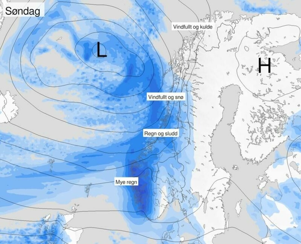 Både regn, kulde vind og snø fører til det ruskete været. Både regn, kulde vind og snø fører til det ruskete været. Foto: Skjermdump / @meterologene