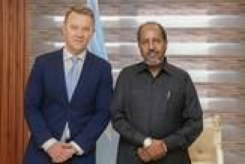 Statssekretær i Utenriksdepartementet Andreas Kravik (Ap) møtte Somalias president Hassan Sheikh Mohamud i Villa Somalia i Mogadishu onsdag denne uka. Statssekretær i Utenriksdepartementet Andreas Kravik (Ap) møtte Somalias president Hassan Sheikh Mohamud i Villa Somalia i Mogadishu onsdag denne uka. Foto: Utenriksdepartementet