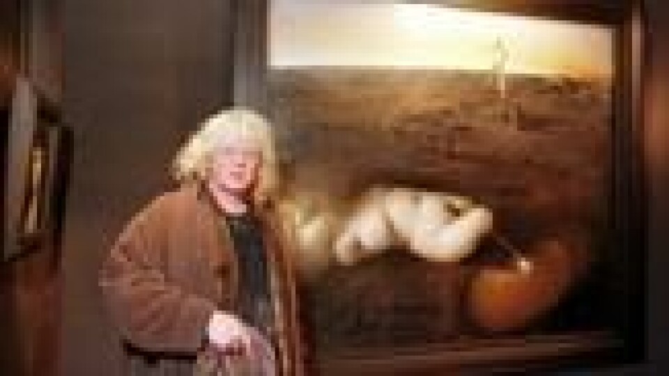 Odd Nerdrum i 1998 med «Pissing woman», et bilde i kjent Nerdrum-stil: Et provoserende motiv, med den sterkt amputerte kvinnen som urinerer i en dam av gamle ekskrementer. Odd Nerdrum i 1998 med «Pissing woman», et bilde i kjent Nerdrum-stil: Et provoserende motiv, med den sterkt amputerte kvinnen som urinerer i en dam av gamle ekskrementer. Foto: Tor Richardsen / NTB scanpix