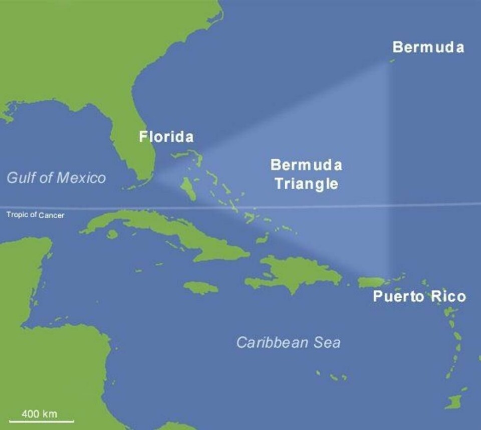 Bermuda-triangelet er kallenavnet på et område på cirka 2,5 millioner kvadratmeter vest i det nordlige Atlanterhavet, nord for Karibia mellom Bermuda, Puerto Rico og Floridas sydligste spiss. Bermuda-triangelet er kallenavnet på et område på cirka 2,5 millioner kvadratmeter vest i det nordlige Atlanterhavet, nord for Karibia mellom Bermuda, Puerto Rico og Floridas sydligste spiss. Foto: Store norske leksikon