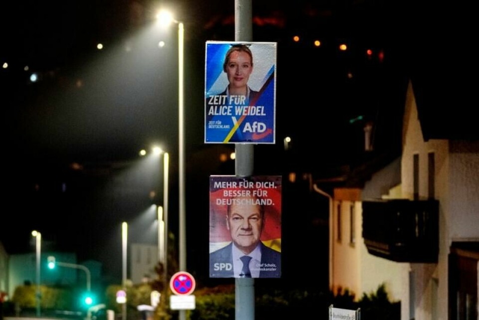 Valgkampplakater viser AfDs toppkandidat Alice Weidel og Tysklands statsminister Olaf Scholz.