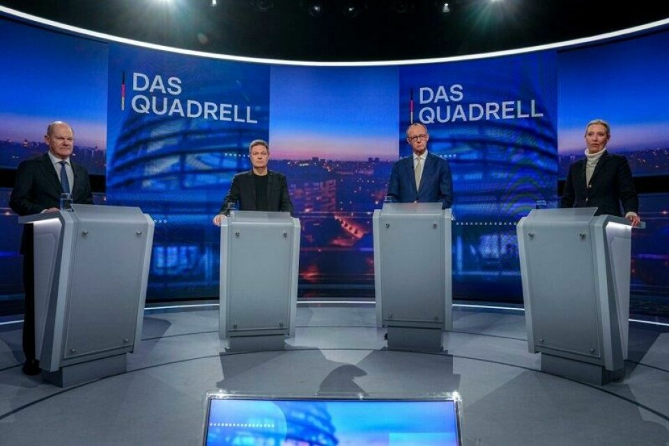 «Kvadrellen», har tyske medier valgt å kalle debatten mellom de fire statsministerkandidatene. F.v.: Tysklands statsminister Olaf Scholz, visestatsminister Robert Habeck, opposisjonsleder Friedrich Merz, og AfD-toppen Alice Weidel.