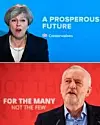 Statsminister Theresa May (øverst) og Labour-leder Jeremy Corbyn (nederst). Foto: Scanpix/AFP PHOTO.