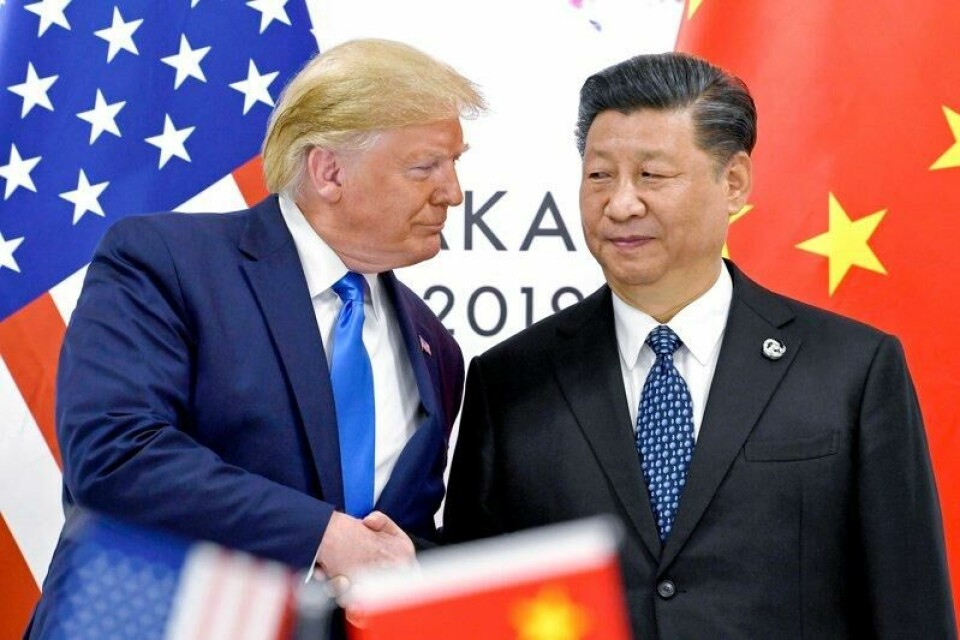USAs president Donald Trump (t.v.) og Kinas president Xi Jinping i 2019. Handelskrigen mellom verdens to største økonomier trappes stadig opp.