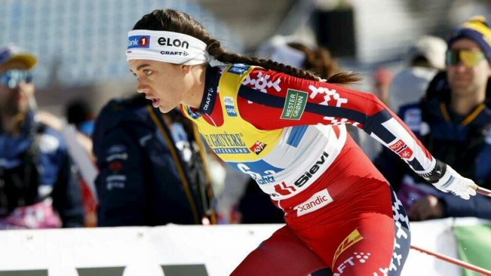 Kristine Stavås Skistad under lagsprinten i Lahti sist helg.