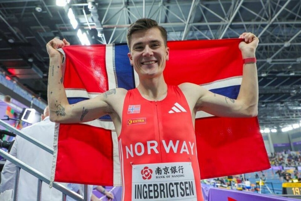 Jakob Ingebrigsten etter 3000-meteren i VM innendørs friidrett i Nanjing i Kina lørdag.