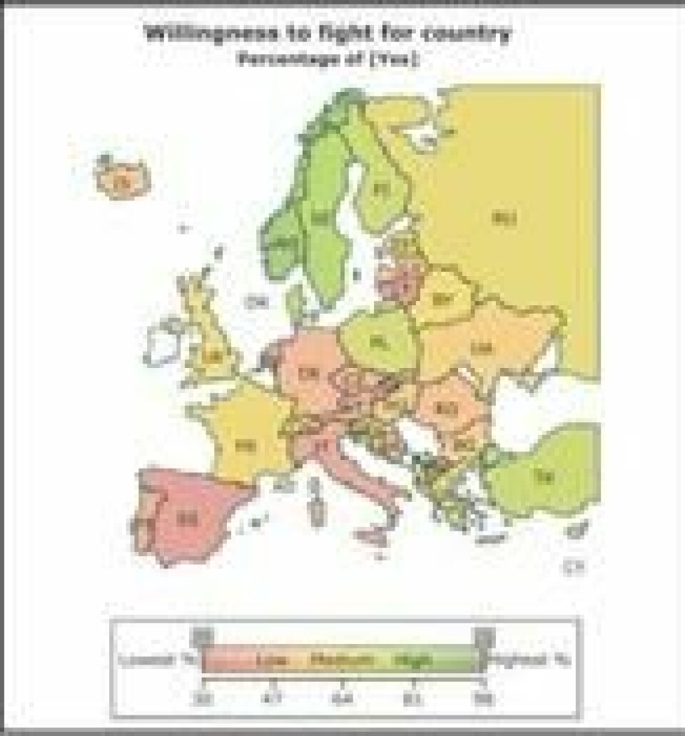 Kartet viser ulikhetene i forsvarsvilje i Europa. (Kart: World Value Survey) Kartet viser ulikhetene i forsvarsvilje i Europa. (Kart: World Value Survey)