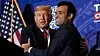 Republikanernes presidentkandidat, tidligere president Donald Trump, omfavner Vivek Ramaswamy på et valgkamparrangement i New Hampshire, tirsdag 16. januar 2024. Foto: Matt Rourke / AP Photo / NTB