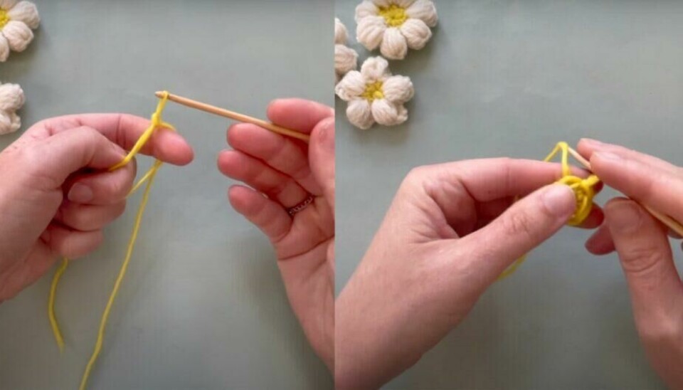 Lær å hekle med disse enkle videoene! Bildet viser klipp fra en av videoene vi har lagt ved: Gratis hekleoppskrift på søte blomster. (Foto: ABC Brand Studio)