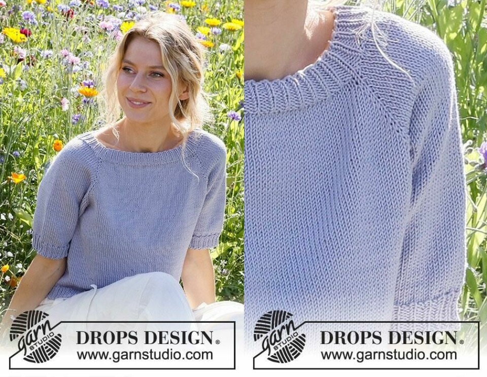 En søt og sval sommertopp strikket i bomull fra Drops. (Foto: Drops Design) Sommertopp strikket i lavendel/lilla-farge i garn fra Drops.