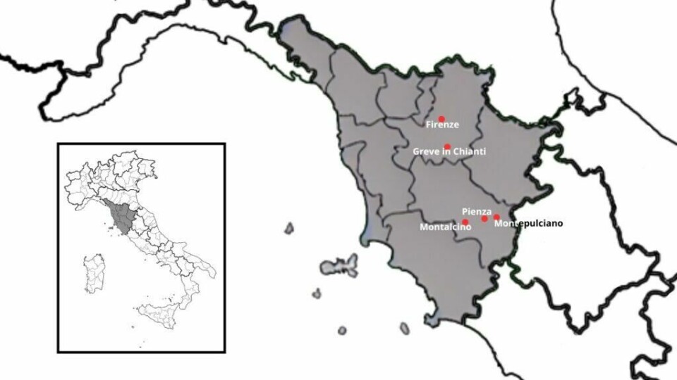 Forslag til reiserute i Toscana som tar deg til populære vinområder og landskap i den italienske regionen. (Foto: ABC Startsiden) Kart over Toscana i Italia hvor det er markert med røde prikker på byene Firenze, Greve in Chianti, Montepulciano, Pienza og Montalcino. Vi har laget en omfattende guide til Toscana i Italia hvor vi blant annet forteller om fem populære byer som Firenze, Pisa, Siena, Montepulciano og Volterra. Vi gir deg også forslag til tre kjøreruter du kan ta for å oppleve vingårder og resten av Toscana. La deg inspirere av den italienske regionen som fikk sitt eget TV-program; «Den store matfesten - Toscana»