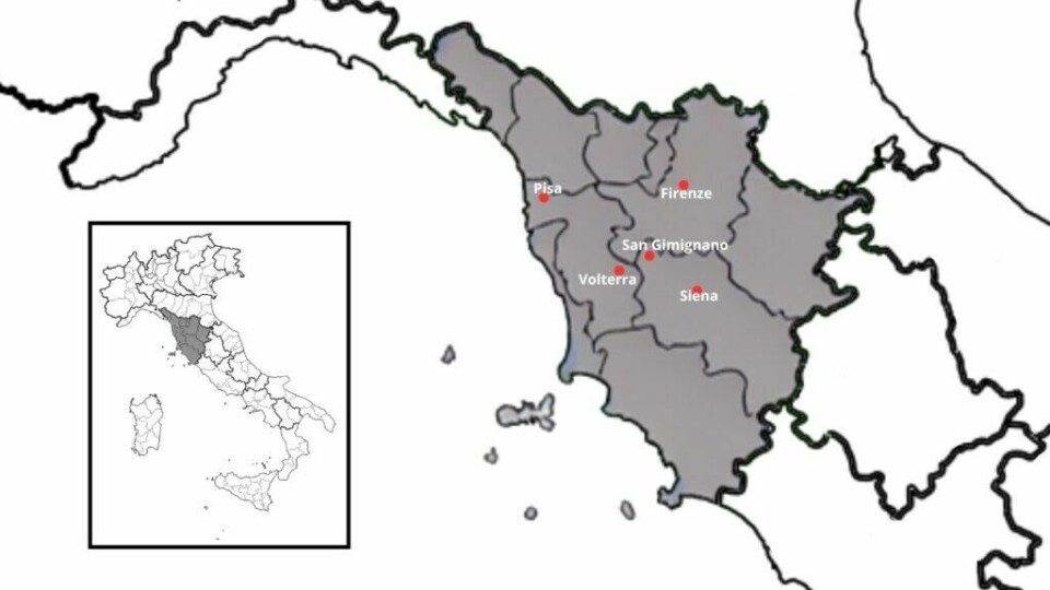 Forslag til reiserute i Toscana som tar deg til de mest ikoniske byene og severdighetene i den italienske regionen. (Foto: ABC Startsiden) Kart over Toscana i Italia hvor det er markert med røde prikker på byene Firenze, Siena, San Gimignano, Volterra og Pisa. Vi har laget en omfattende guide til Toscana i Italia hvor vi blant annet forteller om fem populære byer som Firenze, Pisa, Siena, Montepulciano og Volterra. Vi gir deg også forslag til tre kjøreruter du kan ta for å oppleve vingårder og resten av Toscana. La deg inspirere av den italienske regionen som fikk sitt eget TV-program; «Den store matfesten - Toscana»